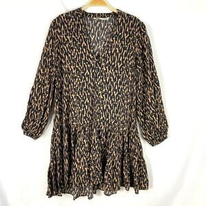 ZARA Animal Print‎ Boho Tiered Dress Size M Brown Black Balloon Sleeve Peasant